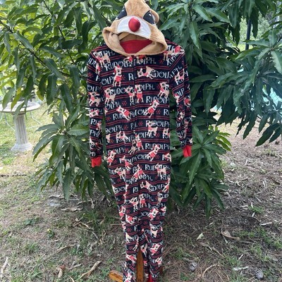 Rudolph the Red Nosed Reindeer Pajamas One Piece Hooded Women&#39;s XS 0/2 P... - $14.84
