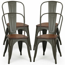 Set of 4 Tolix Style Metal Dining Side Chairs Wood Seat Stackable Bistro Cafe - £213.38 GBP