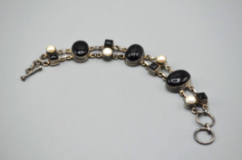 Vintage Sterling Silver Oval Pearl &amp; Onyx Bracelet Toggle Clasp Link Chain 925 - £42.66 GBP