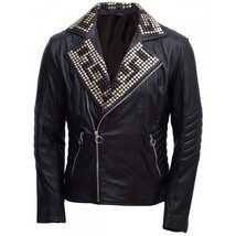 Men&#39;s Magnificent Padded Leather Jacket with Black Silver Gold Contrast Studs - £197.51 GBP