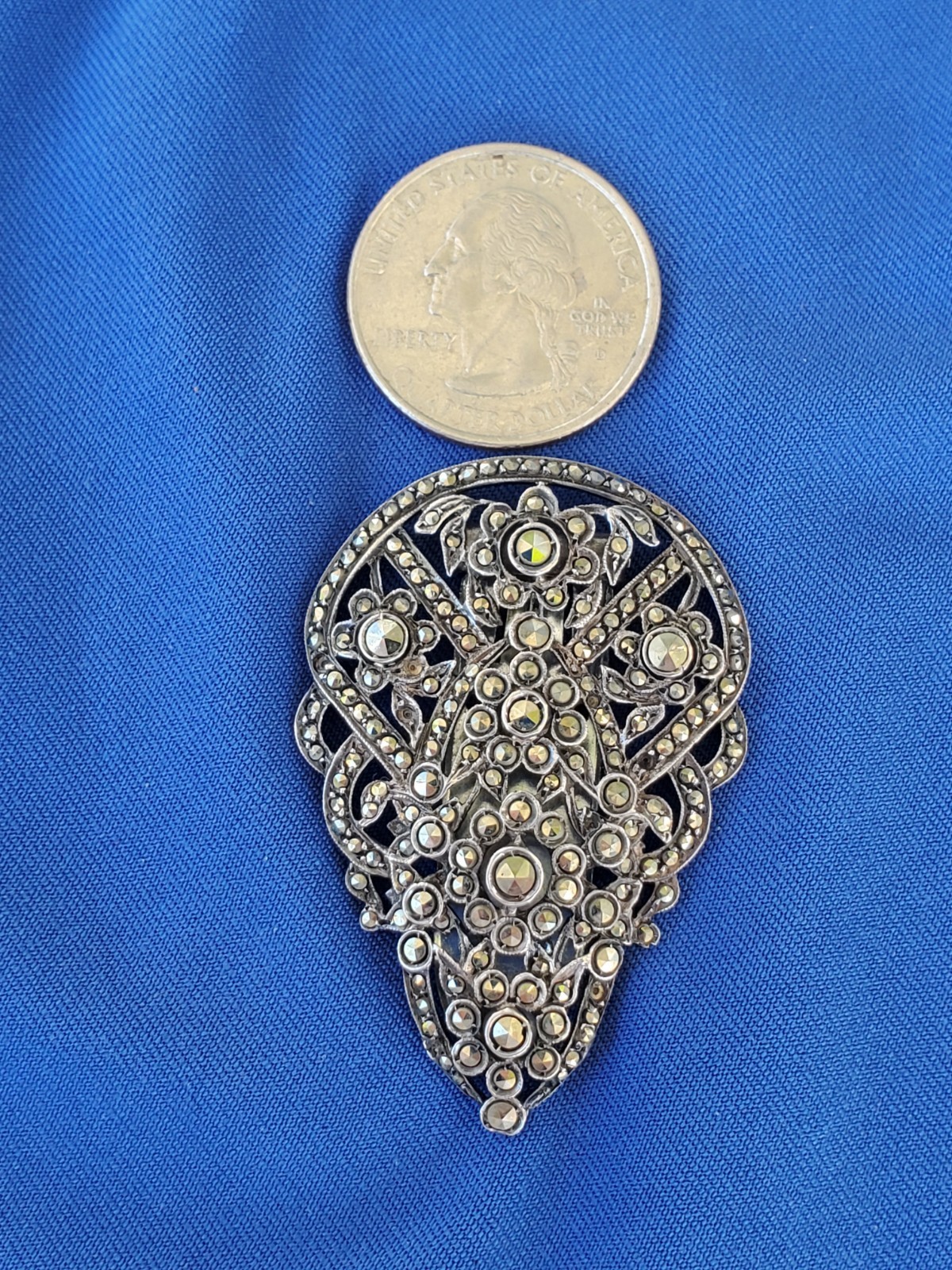 Vintage Art Deco Sterling Silver 935 Diamond Cut Marcasite Large Pin Brooch Clip Item image 10