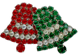 Christmas Bells Vintage Brooch Pin Rhinestones Green Red White 2 Inch Je... - £14.38 GBP