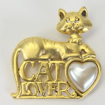 Cat Lover Brooch Pin Danecraft Vintage 80s Jewelry Feline Goldtone Faux ... - $7.83