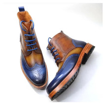 Premium Quality Handmade Men&#39;s Genuine Brown and Blue Italian Leather Lace up Wi - £150.12 GBP