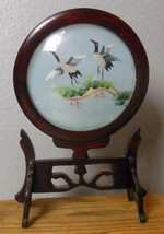 Chinese Export Silk Embroidered Cranes Wood Wooden Stand Convex Glass Cover 9&quot; - £17.80 GBP
