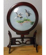 Chinese Export Silk Embroidered Cranes Wood Wooden Stand Convex Glass Co... - £17.02 GBP