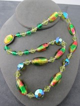 Vintage Venetian Foil Glass Beaded Necklace  21&quot; Long Cut AB Crystals Gr... - £72.26 GBP