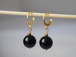 Black Agate Huggie Earrings Gold, Gemstone Bead Hoop Earrings, Black Gold Earrin - £24.83 GBP