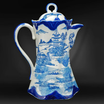 Antique English Flow Blue Transferware Chinoiserie Chocolate Pot with Pagoda - £84.87 GBP