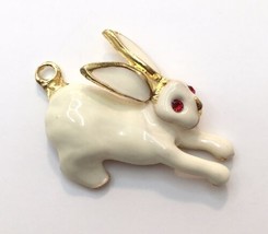 Phister White Enamel Easter Bunny Rabbit Sparkle Eyes Gold Tone Charm 1996 - £13.27 GBP