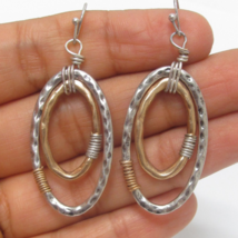 Hammered Double Oval Two Tone Dangle Earrings Silver and Copper - £10.58 GBP