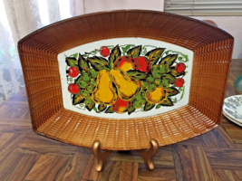 Vtg Nevco Japan Oblong Basket Weave Serving Tray Lacquer Painted Fruit EXC 10&quot; - £10.16 GBP