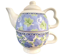 Pfaltzgraff Tea for One Pot Service Cup Lid Leaves Blue Green White No Box 6.5&quot; - £28.09 GBP