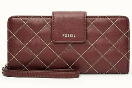 New Fossil Madison zip clutch wristlet Leather wallet Medium Wine Quilted - £41.02 GBP