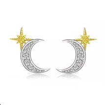 Moon And Stars Stud Earrings Genuine Sterling Silver 925 Cubic Zirconia &amp; Gold - £12.94 GBP