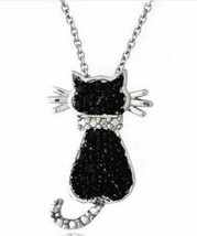 Necklace, Rhodium Plated Black Cat Pendant w Black Diamond,18in womens jewelry - £22.37 GBP