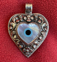 Tantric Buddhist Mother Of Pearl Evil Eye Embossed Silver Heart Pendant - £31.38 GBP
