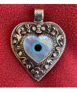 Tantric Buddhist Mother Of Pearl Evil Eye Embossed Silver Heart Pendant - €34,50 EUR