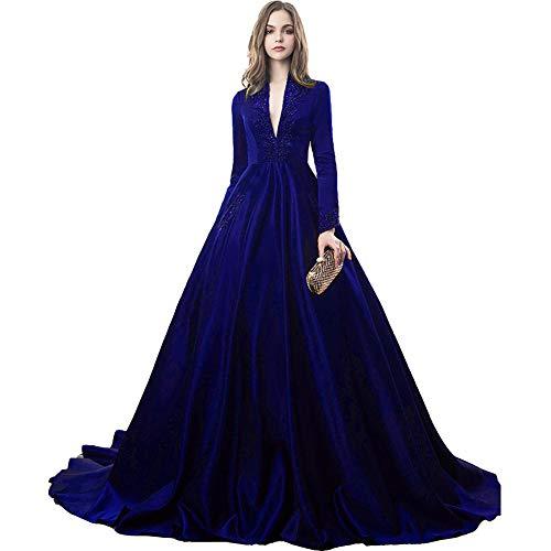 Custom Made Vintage Long Sleeves Beaded V Neck Evening Prom Dresses Royal Blue