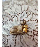 Mother Cat w/ Kitten 1970s Brooch Pin Gold &amp; Tones Rhinestone Eyes VINTAGE - $24.00