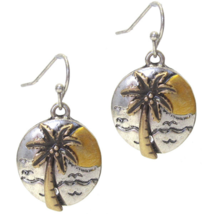 Round Palm Tree Paradise Dangle Coin Earrings Silver and Gold - £10.47 GBP