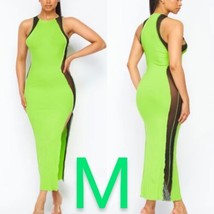 Lime Green Ribbed Black Side Mesh Slit Maxi Dress~Size M - £33.34 GBP