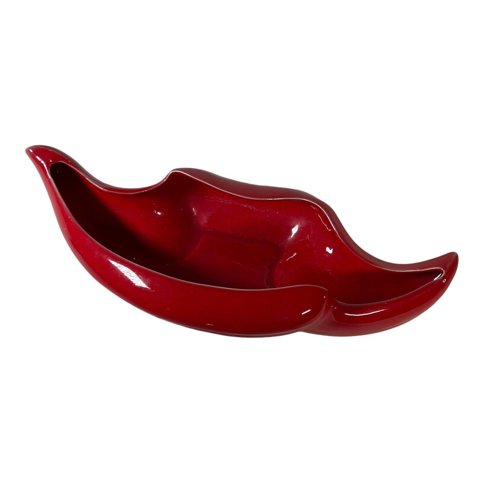 Vintage California Pottery Console Red Bowl Planter Lips Odd Smile MCM 16" - $42.53