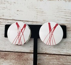 Vintage Clip On Earrings - Off White with Red Design - £5.48 GBP