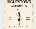 Hightstown Luncheonette Menu Main Street Hightstown New Jersey  - £29.58 GBP