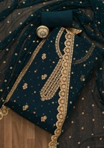 Navy Blue Threadwork Semi Crepe Unstitched Salwar Suit - £110.59 GBP