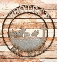 Oversized 24&quot; Western Protect My Ride Biker Sign Vintage Metal Circle Wall Decor - £39.50 GBP