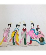 5 Vintage Silk &amp; Paper Flat Geisha Ornaments 4.5&quot; to 6&#39;&quot; Tall - £15.29 GBP