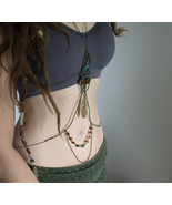 Green macrame body chain, bohemian body jewelry, festival belly chain  - $85.00