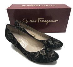 Salvatore Ferragamo Women&#39;s Great Black Gold Brocade Suede Kid Low Heels 6.5 B - $28.05