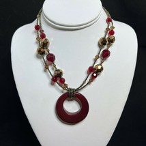 Vtg Lia Sophia Gold Tone Double Strand Beaded Necklace W/Maroon Pendant (2579) - $20.00