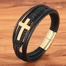 TYO Classic Style Cross Men Bracelet Multi-Layer Stainless Steel Leather Bangles - £12.00 GBP