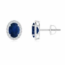 Blue Sapphire Oval Stud Earrings with Diamond in 14K Gold (AA, 7x5MM) - £1,294.49 GBP