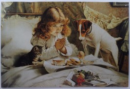 Girl Praying before Eating with Pets Dog and Cat Metal Sign - £13.29 GBP