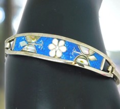 Vintage Alpaca Bracelet Signed Floral Abalone MOP Chips Blue Enamel Small Wrist - £10.72 GBP