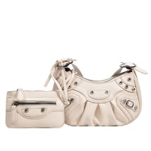 Luxury Pleated Saddle Bag Rivet Half Moon Hobo Bags With Mini Purse Casual Lady  - £39.68 GBP