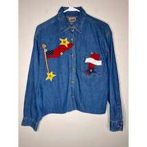 1990s Americana Patriotic Homestead Country Shabby Chic Hearts Denim Shi... - $43.80 CAD