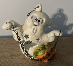 Vintage Halloween Ghost in Chains Candleholder Hanging Lantern Ceramic Crazing - £7.93 GBP
