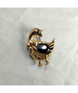 Christmas Goose Brooch Costume Jewelry Gold Color No Signature Black Sto... - $7.69