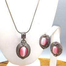 Pink Tigers Eye Pendant Necklace and Matching Stud Earrings Jewelry Set, Silver - £30.60 GBP