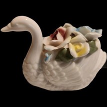 Vintage Collectible Swan W/ Applied Flower Buds Figurine Ceramic Porcela... - $9.75