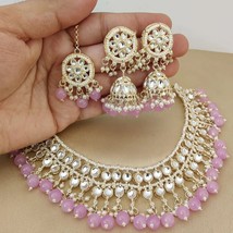 Gold Plated Indian Bollywood Style Kundan Choker Necklace Purple Jewelry Set - £37.12 GBP