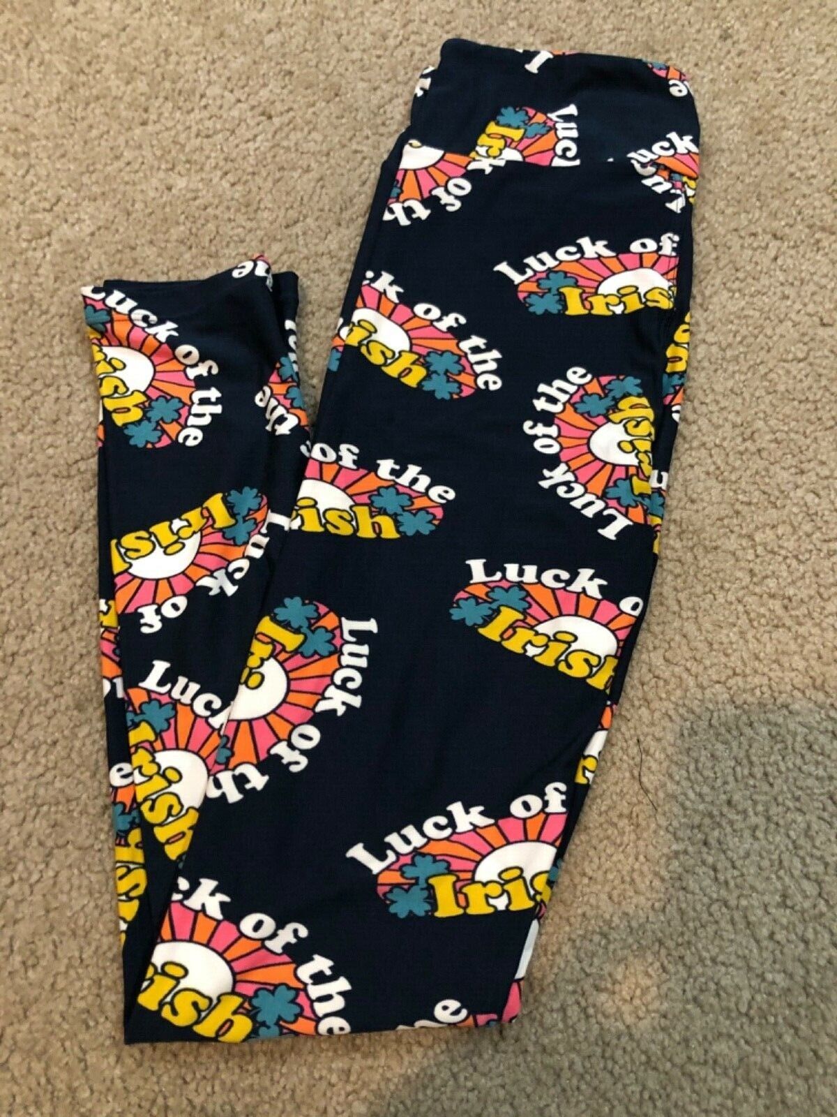 Lularoe OS ONE SIZE Leggings St Patrick Shamrock Luck of the Irish black... - $9.49