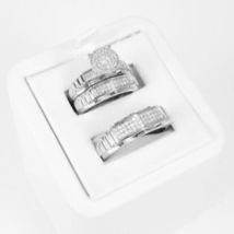 14k White Gold Over His Her Lab Created Diamond Engagement Ring Wedding Trio Set - £107.43 GBP