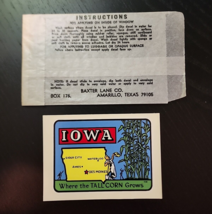 BAXTER LANE CO Iowa Where Tall Corn Grows VTG Travel Luggage Water Decal... - £22.20 GBP