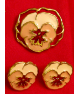 VINTAGE Pink Pansy Jewelry LOT Full Bloom Set, PIN &amp; PIERCED EARRINGS  - $24.70